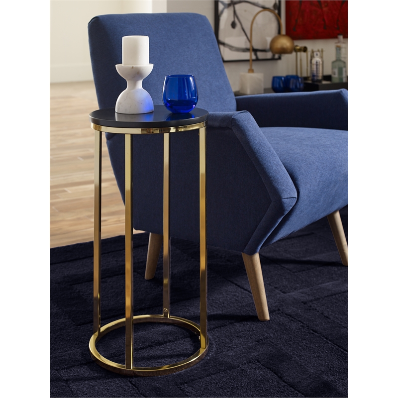 Pemberly Row Round Modern Metal and Wood Side Table in Gold/Black