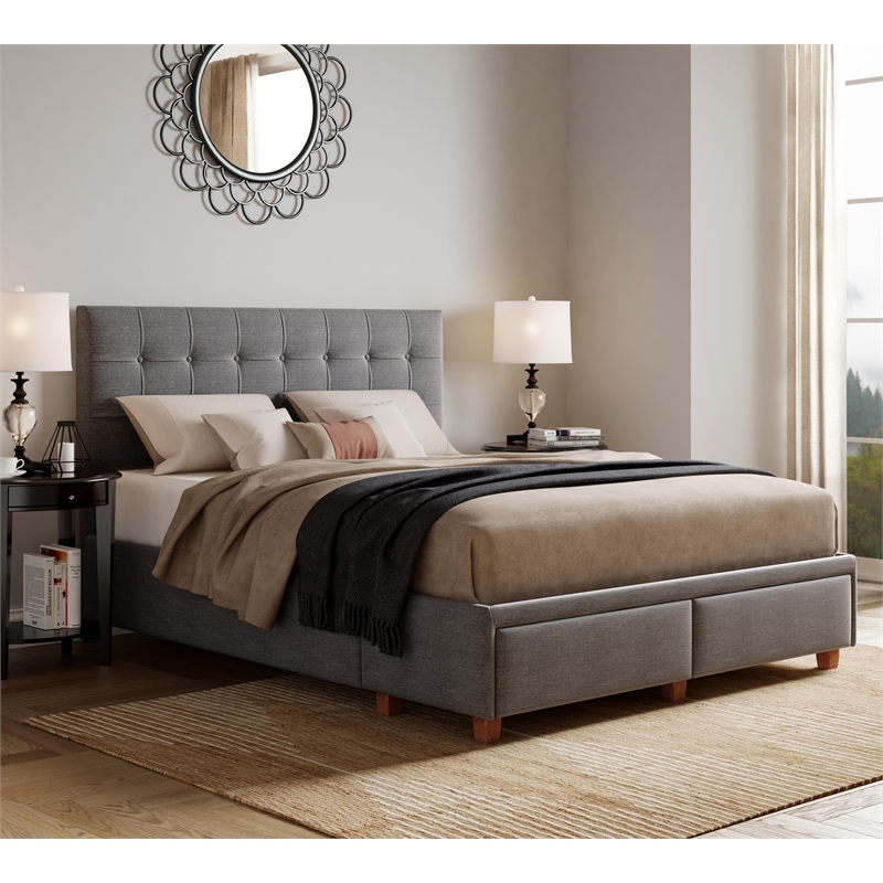 Pemberly Row Storage Bed w/ Adjustable Height Headboard Queen Size Dark Gray