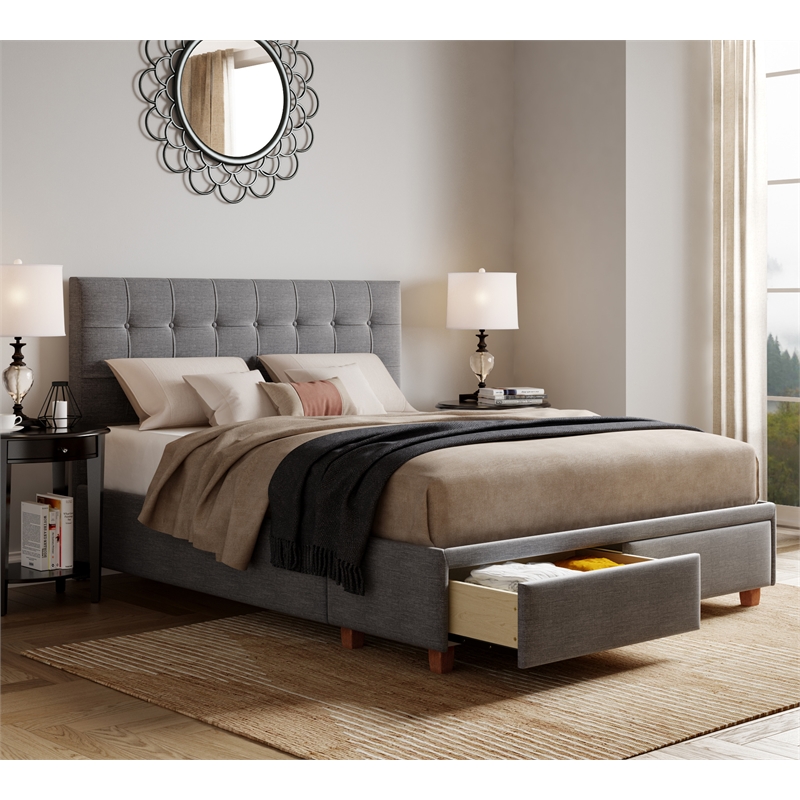 Pemberly Row Storage Bed w/ Adjustable Height Headboard Queen Size Dark Gray