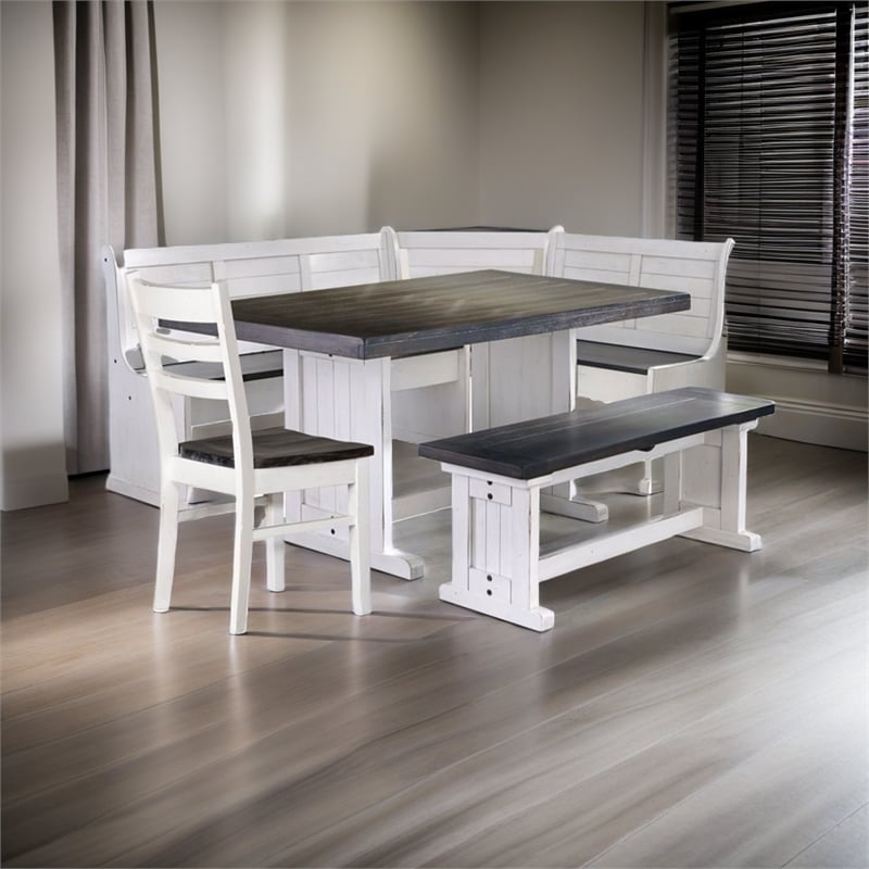 Pemberly Row Farmhouse 4 Piece Wood Breakfast Nook Set in White and Brown