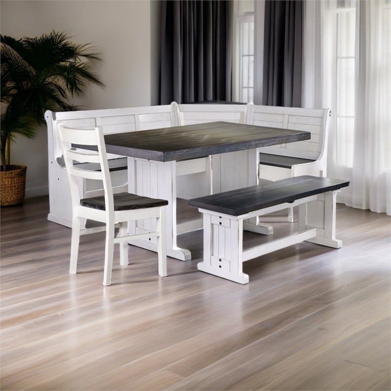 Pemberly Row Farmhouse 4 Piece Wood Breakfast Nook Set in White and Brown