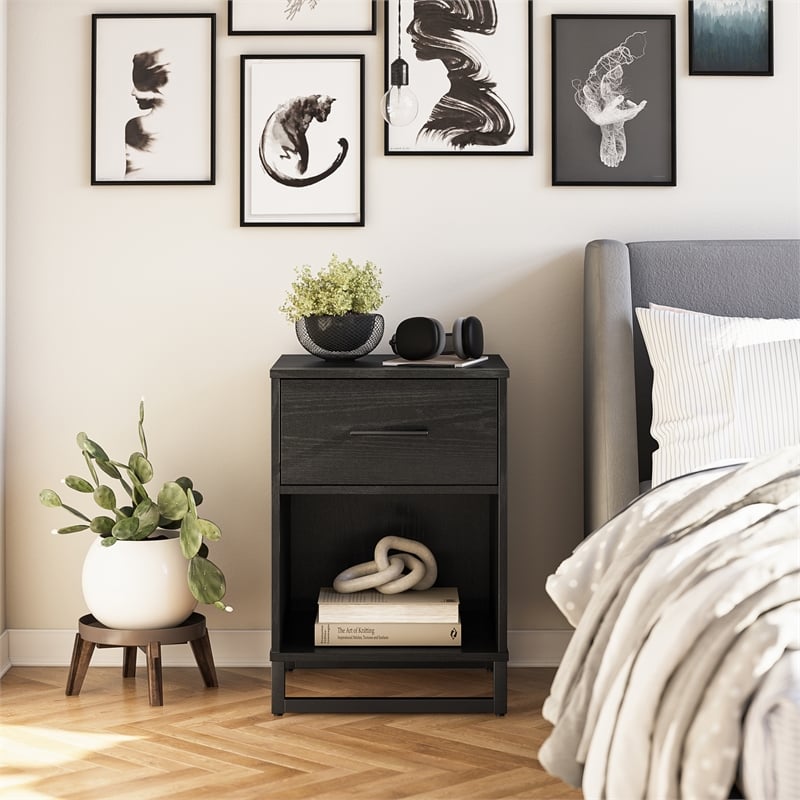 Pemberly Row Modern / Contemporary Nightstand in Black Oak Finish