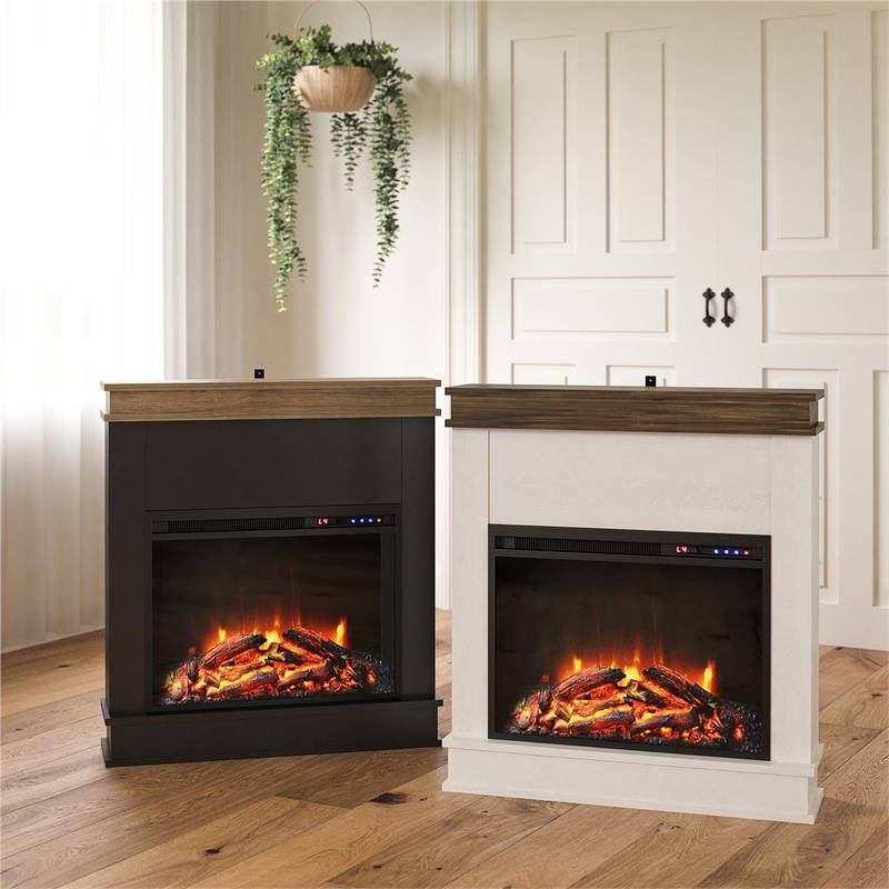 Pemberly Row Fireplace with Mantel in Black with Natural Mantel