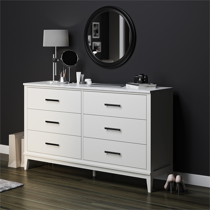 Pemberly Row Wide 6 Drawer Dresser in White w/ White Marble Top