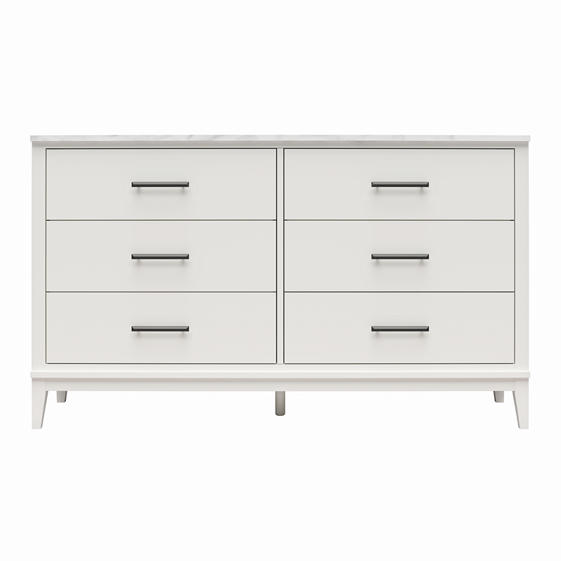 Pemberly Row Wide 6 Drawer Dresser in White w/ White Marble Top
