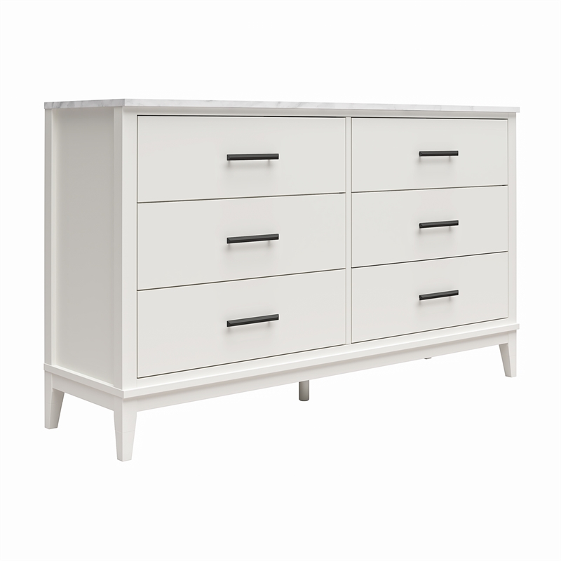 Pemberly Row Wide 6 Drawer Dresser in White w/ White Marble Top