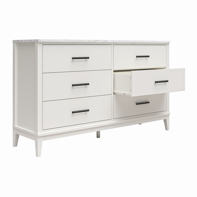 Pemberly Row Wide 6 Drawer Dresser in White w/ White Marble Top