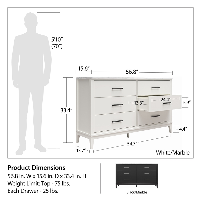 Pemberly Row Wide 6 Drawer Dresser in White w/ White Marble Top