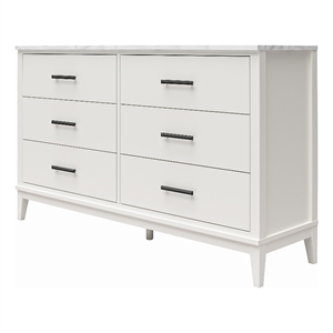 Pemberly Row Wide 6 Drawer Dresser in White w/ White Marble Top