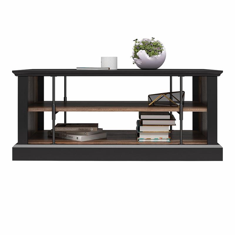 Pemberly Row Rustic Coffee Table with 2 Shelves in Black and Walnut