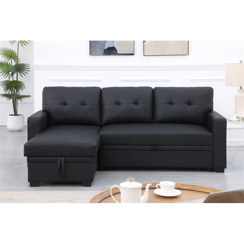 Pemberly Row Faux Leather Reversible Sleeper Sectional Sofa in Black