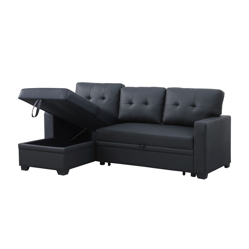 Pemberly Row Faux Leather Reversible Sleeper Sectional Sofa in Black