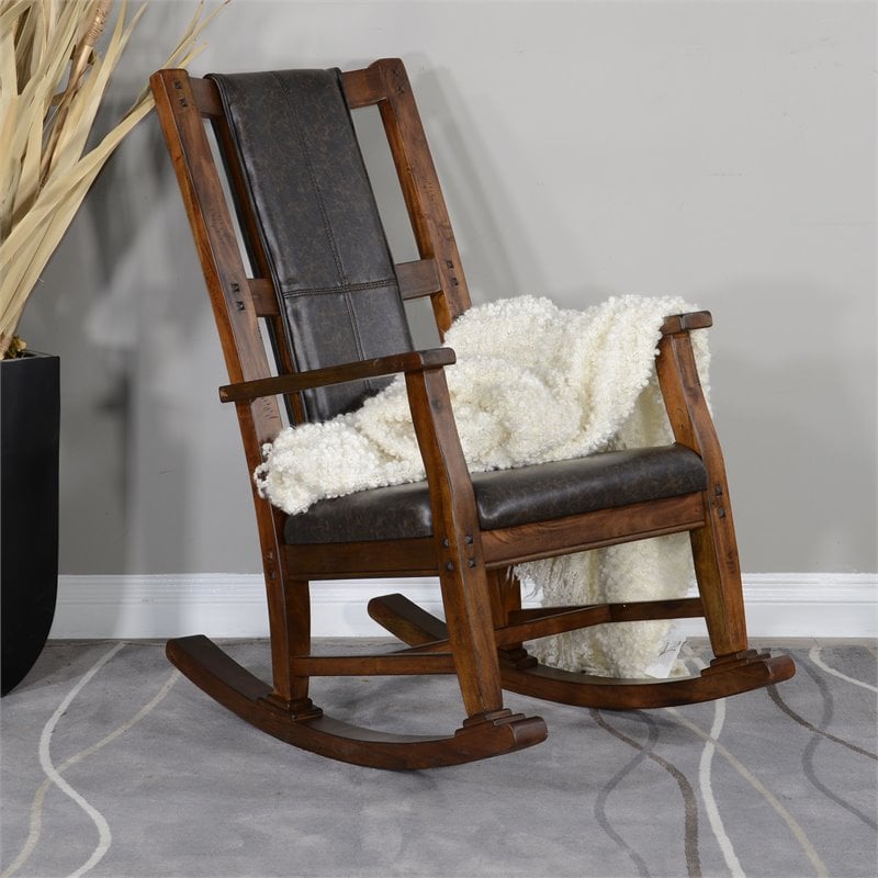 Pemberly Row Farmhouse Mahogany Wood Rocking Chair in Dark Brown