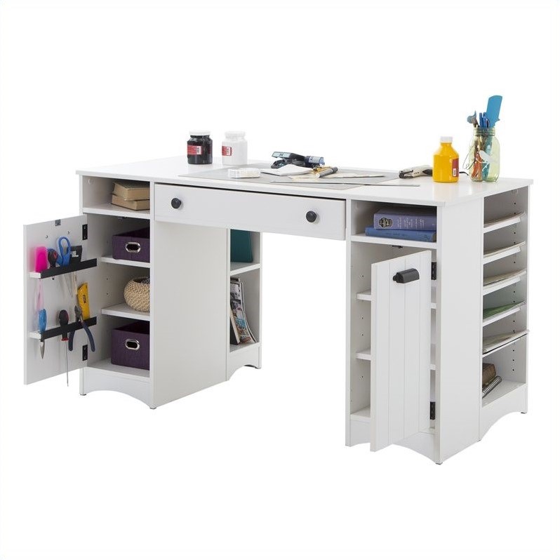 Pemberly Row Traditional Craft Table with Storage in Pure White