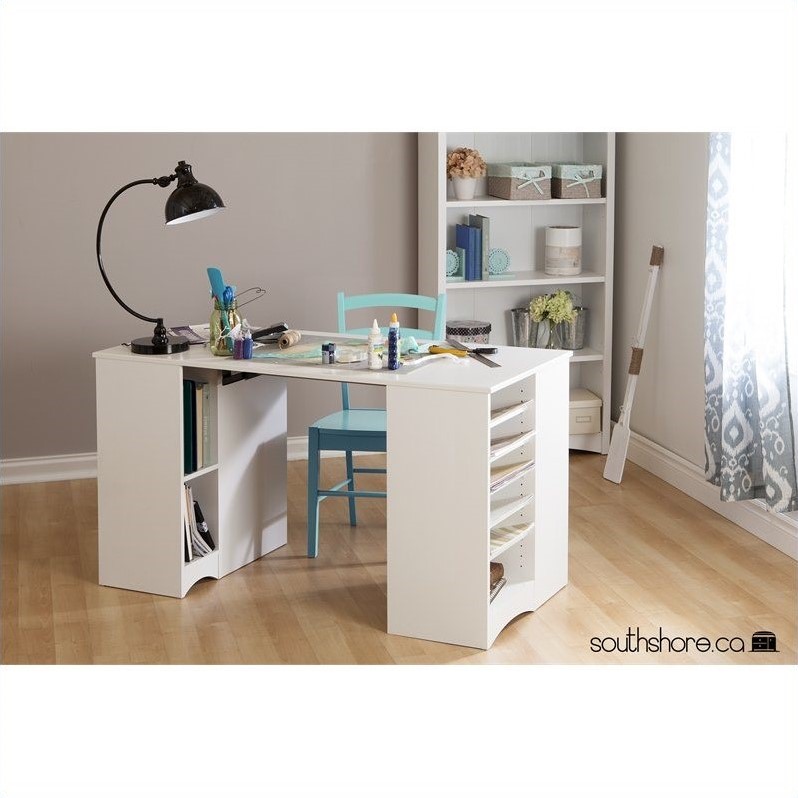 Pemberly Row Traditional Craft Table with Storage in Pure White
