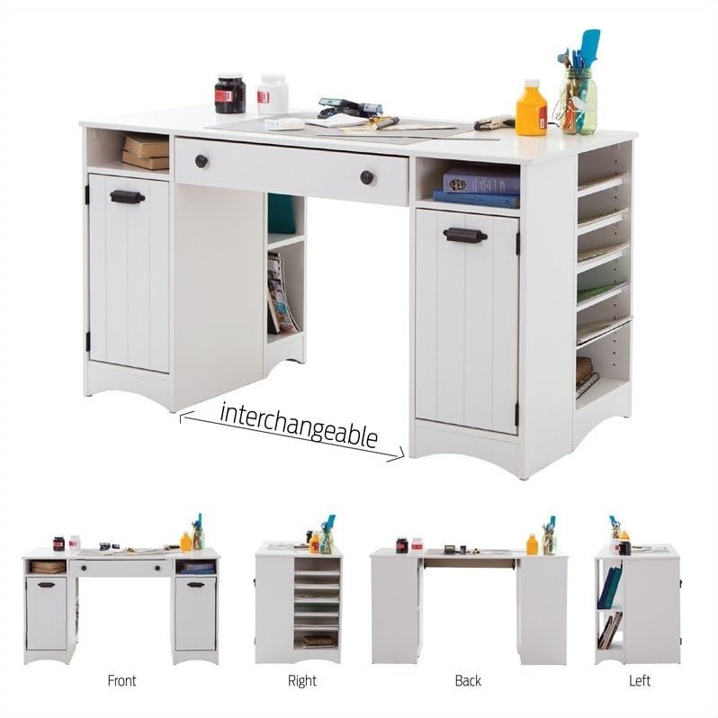Pemberly Row Traditional Craft Table with Storage in Pure White