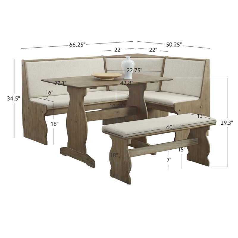Pemberly Row Transitional Wood Corner Nook Dining Set in Brown