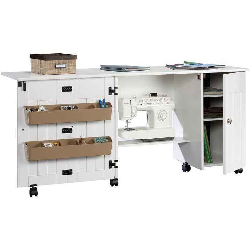 Pemberly Row Engineered Wood Drop-Leaf Sewing or Craft Table in Soft White