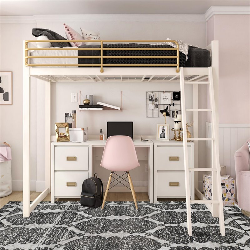 Pemberly Row Contemporary Twin Solid Metal Loft Bed in White