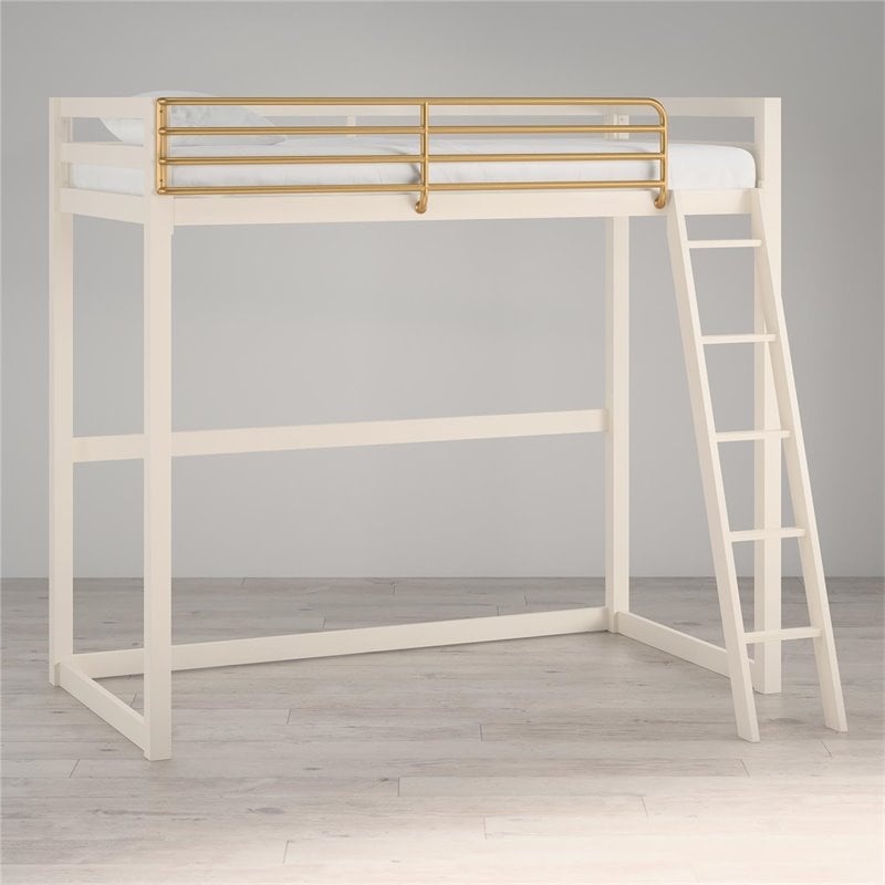 Pemberly Row Contemporary Twin Solid Metal Loft Bed in White