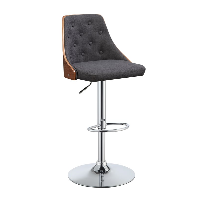 Pemberly Row Adjustable Bar Stool with Metal Stand in Gray Linen and Walnut