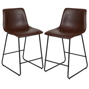 Pemberly Row 24&quot Leather Upholstered Counter Stool in Dark Brown (Set of 2)