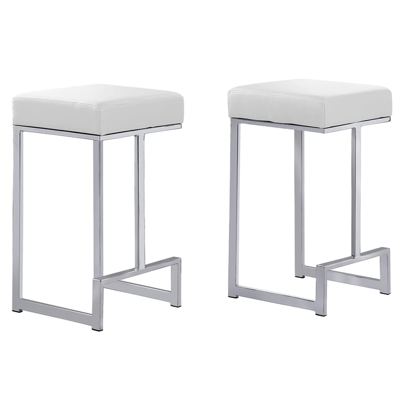 Pemberly Row Leather Backless Counter Height Stool - White/Silver (Set of 2)