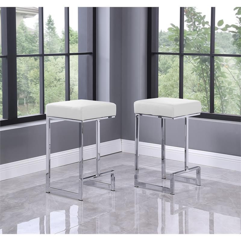 Pemberly Row Leather Backless Counter Height Stool - White/Silver (Set of 2)