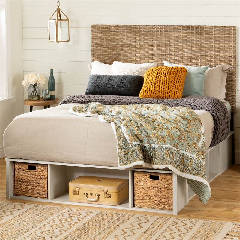 Pemberly Row Platform Bed and Rattan Headboard Full Winter Oak