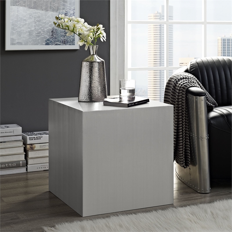 Pemberly Row Modern / Contemporary Square Metal End Table in Silver