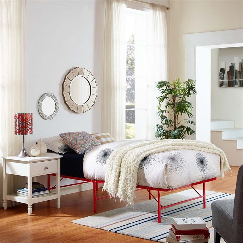 Pemberly Row Modern Stainless Steel Twin Metal Bed Frame in Red