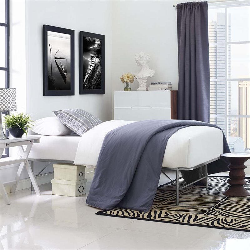 Pemberly Row Modern Stainless Steel Twin Metal Bed Frame in Silver
