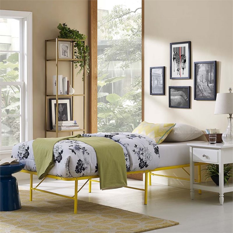Pemberly Row Modern Stainless Steel Twin Metal Bed Frame in Yellow