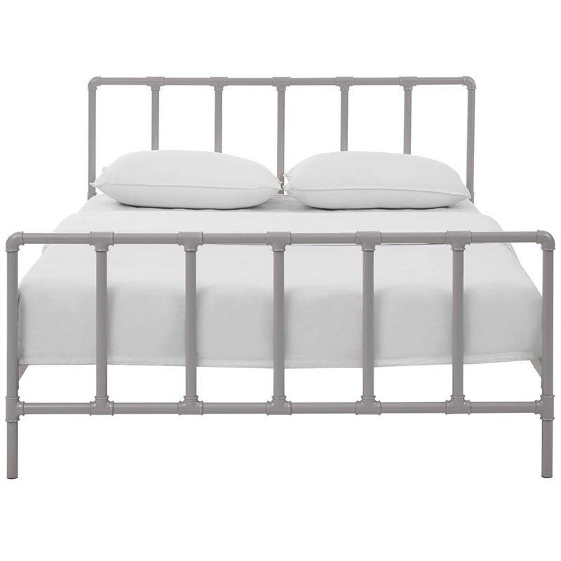 Pemberly Row Modern / Contemporary Stainless Steel Queen Metal Bed in Gray