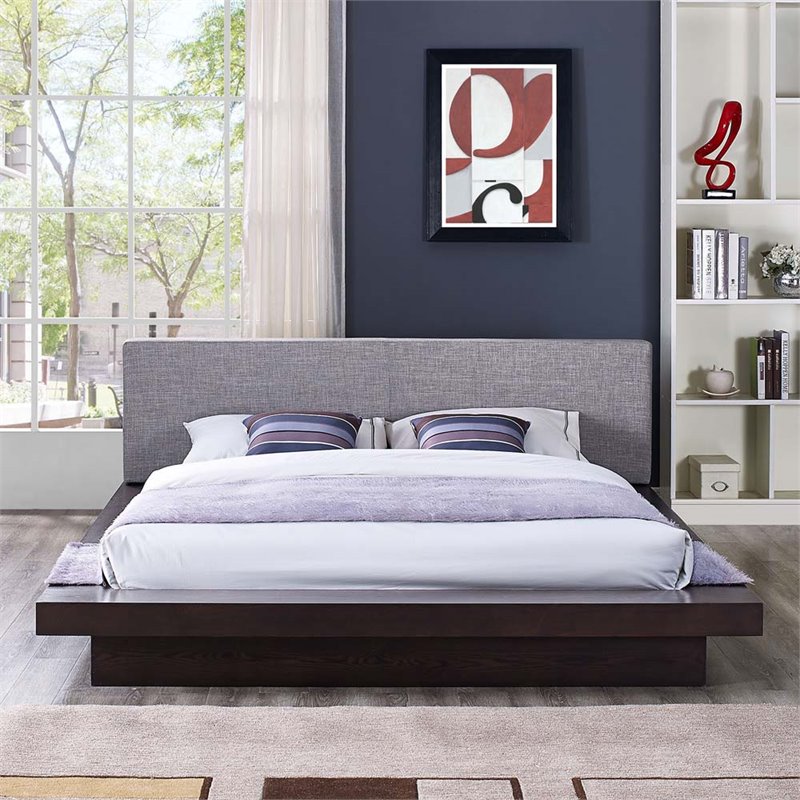 Pemberly Row Queen Fabric Panel Platform Bed in Cappuccino and Gray