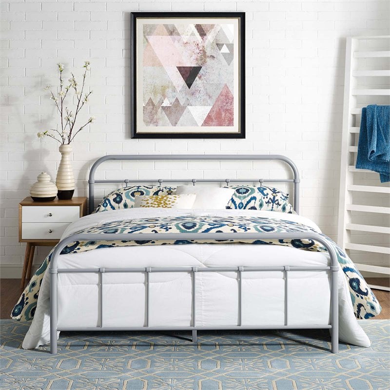 Pemberly Row Modern / Contemporary Queen Stainless Steel Bed in Gray