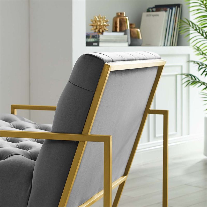 Pemberly Row Modern Velvet Tufted Accent Chair in Gray and Gold