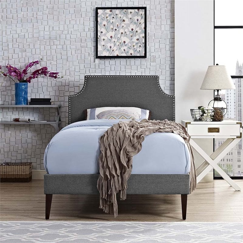 Pemberly Row Modern Upholstered Twin Platform Panel Bed in Gray