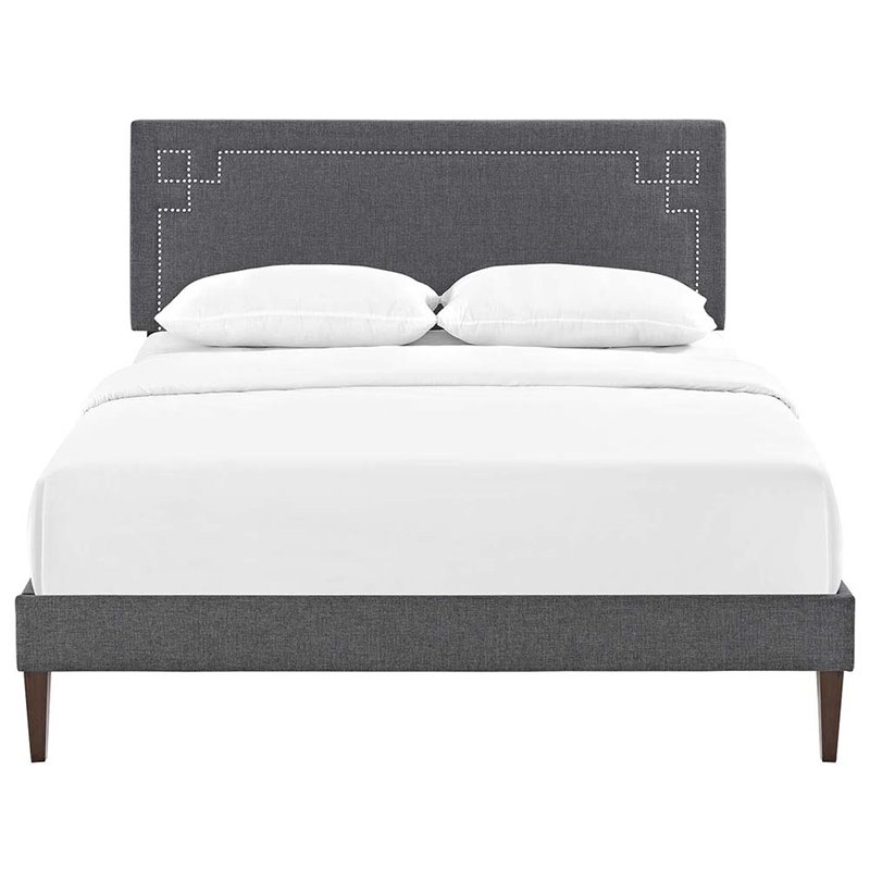 Pemberly Row Modern Upholstered Queen Platform Panel Bed in Gray