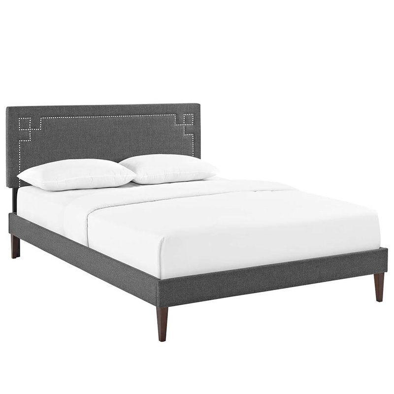 Pemberly Row Modern Upholstered Queen Platform Panel Bed in Gray