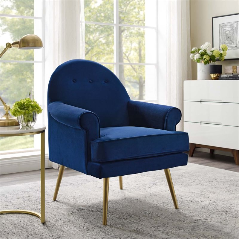 Pemberly Row Modern Velvet Button Tufted Accent Armchair in Navy