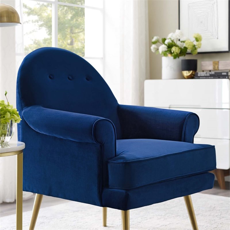 Pemberly Row Modern Velvet Button Tufted Accent Armchair in Navy