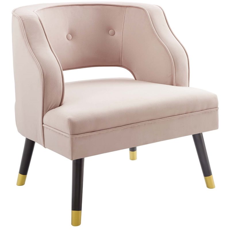 Pemberly Row Modern Velvet Button Tufted Open Back Armchair in Pink