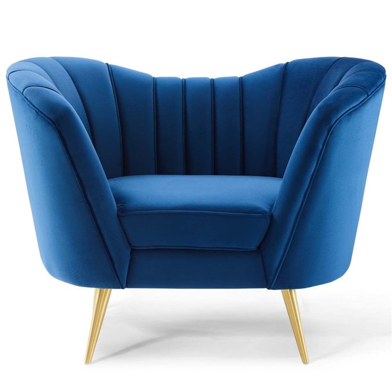 Pemberly Row Modern Velvet Armchair with Stainless Steel Legs in Navy/Gold