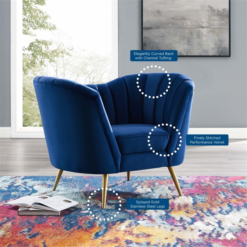 Pemberly Row Modern Velvet Armchair with Stainless Steel Legs in Navy/Gold