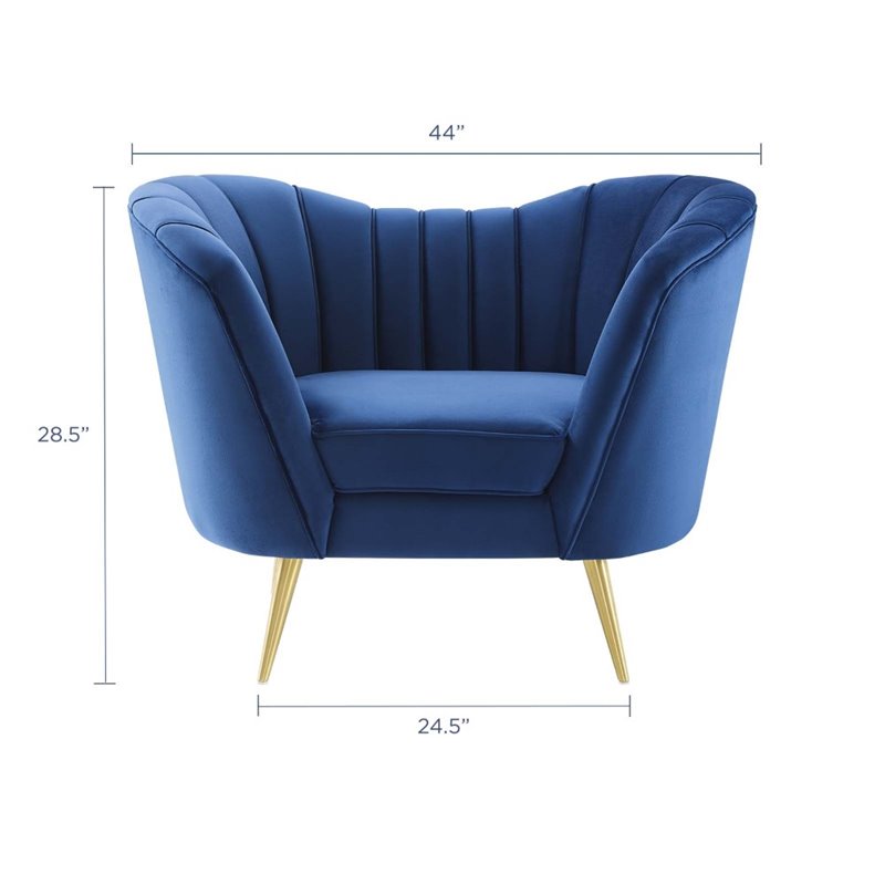 Pemberly Row Modern Velvet Armchair with Stainless Steel Legs in Navy/Gold