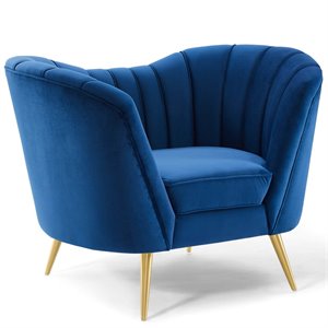 Pemberly Row Modern Velvet Armchair with Stainless Steel Legs in Navy/Gold
