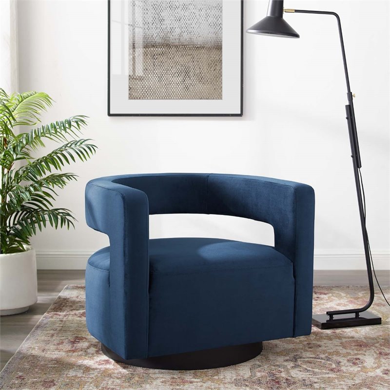 Pemberly Row Cutaway Velvet Swivel Armchair in Midnight Blue