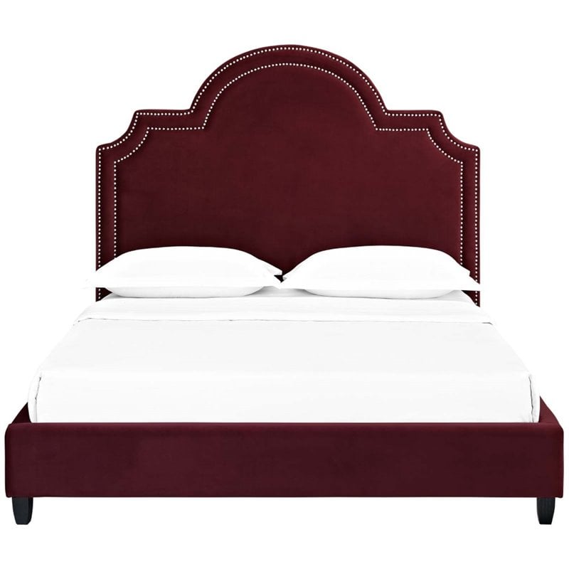 Pemberly Row Modern / Contemporary Velvet Queen Platform Bed in Maroon