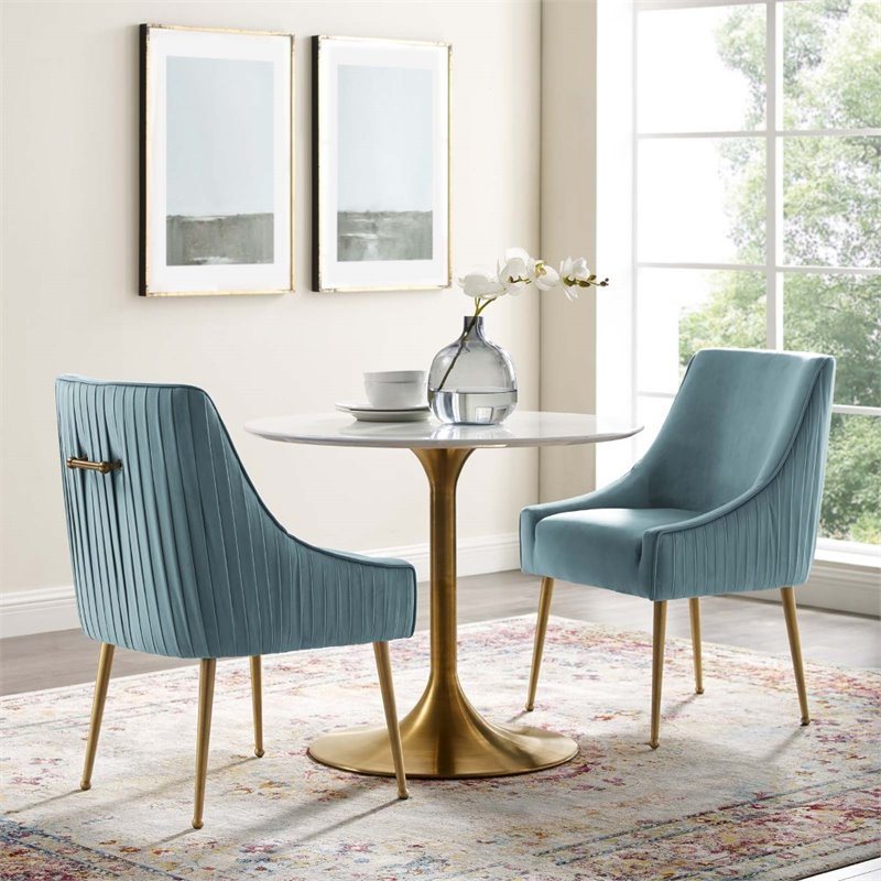 Pemberly Row Pleated Upholstered Velvet Dining Chair in Light Blue (Set of 2)